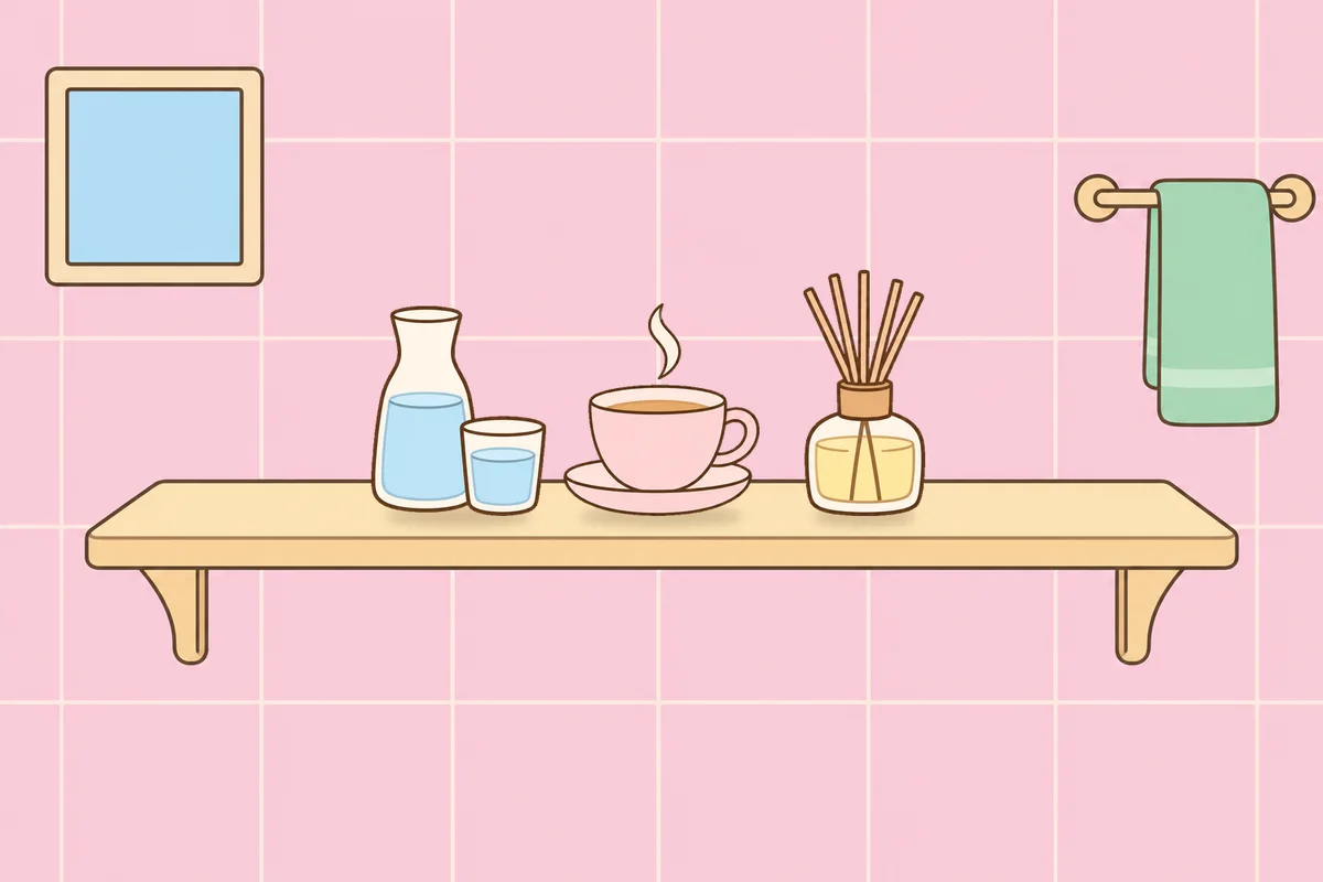 광주 여성전용 수면 케어 안내 그림, 파우더룸 선반 위의 물병, 찻잔, 디퓨저