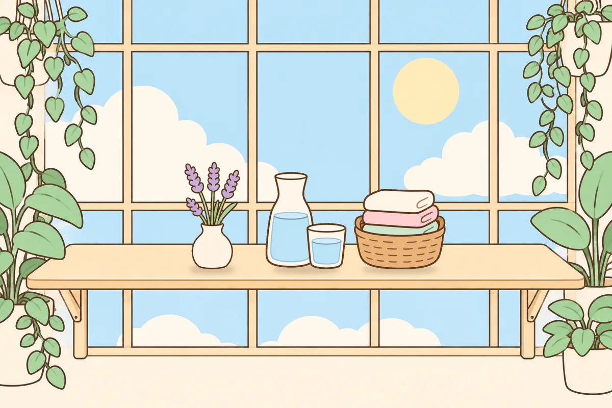 광주 여성전용 피로 회복 마사지 안내 그림, 햇살 드는 창가 선반 위의 라벤더 꽃병, 물병, 수건 바구니