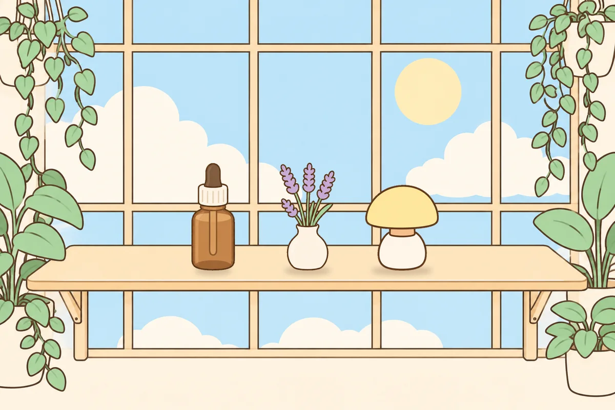 광주 여성전용 피부 관리 안내 그림, 햇살 드는 창가 선반 위의 오일병, 라벤더 꽃병, 무드등