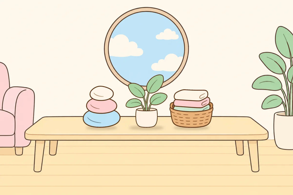 광주 여성전용 마사지 가격 안내 그림, 거실 원목 테이블 위의 조약돌, 화분, 수건 바구니