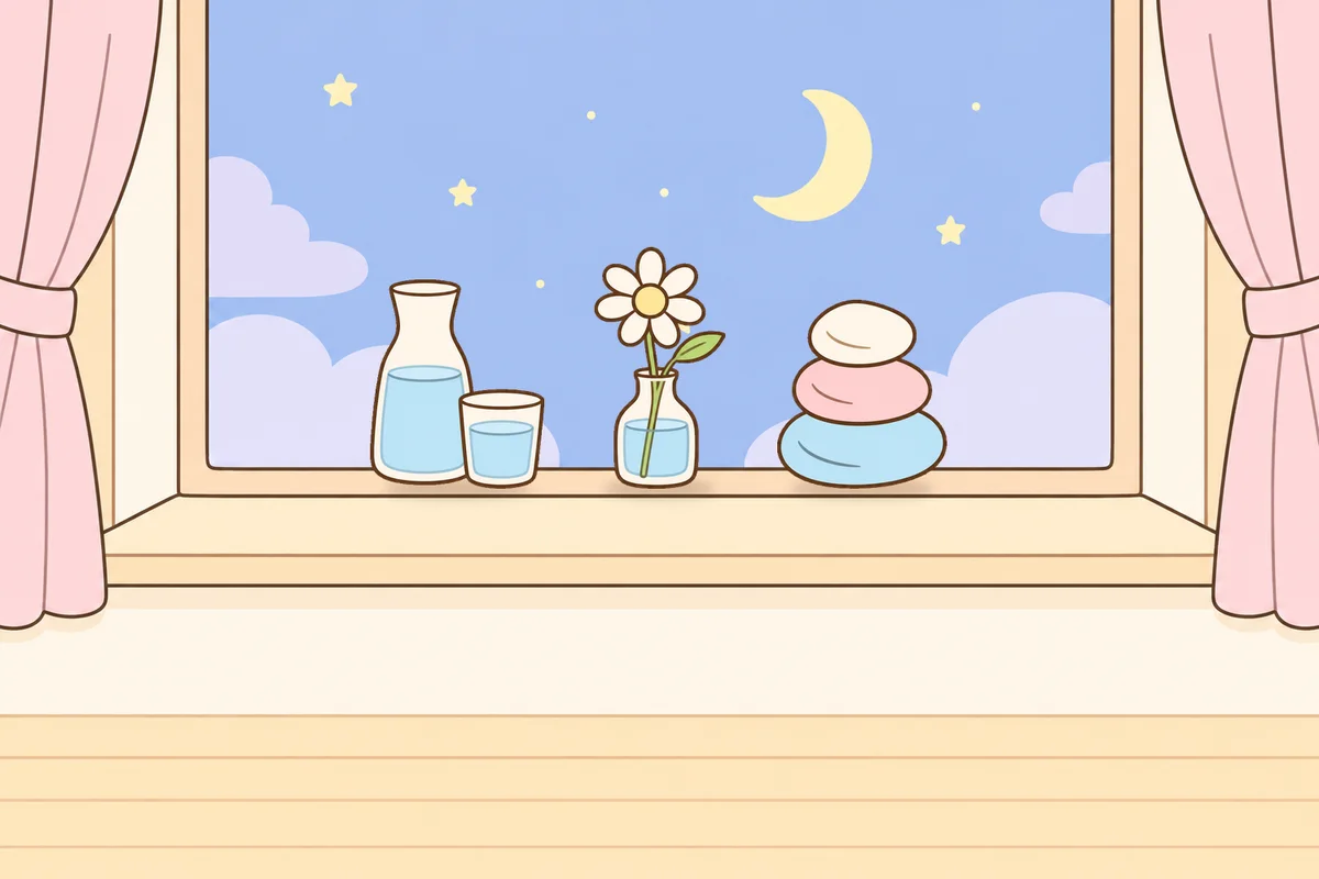 시흥 여성전용 아로마 마사지 안내 그림, 밤 창가 창턱 위의 물병, 데이지 꽃병, 조약돌