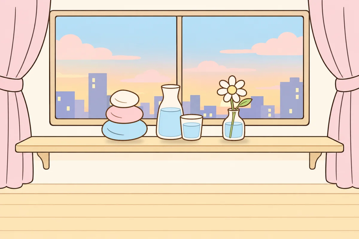 시흥 여성전용 스웨디시 홈케어 안내 그림, 호텔 창가 선반 위의 조약돌, 물병, 데이지 꽃병