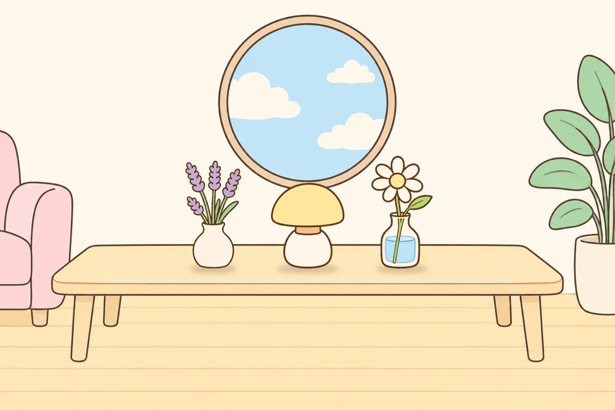 시흥 여성전용 아로마 가격 안내 그림, 거실 원목 테이블 위의 라벤더 꽃병, 무드등, 데이지 꽃병