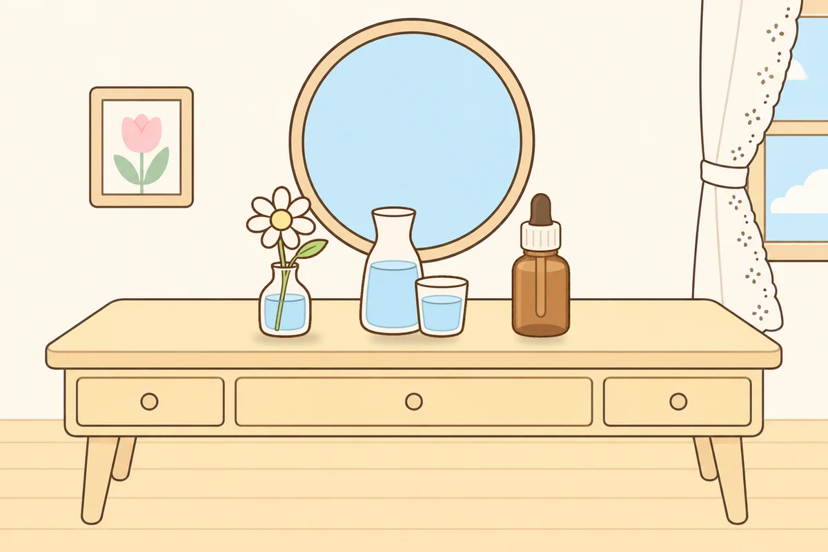 시흥 여성전용 얼굴 경락 안내 그림, 화장대 위의 데이지 꽃병, 물병, 오일병