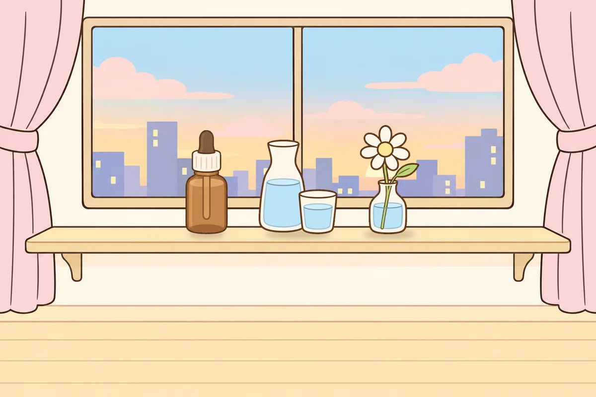 시흥 여성전용 홈케어 안내 그림, 호텔 창가 선반 위의 오일병, 물병, 데이지 꽃병