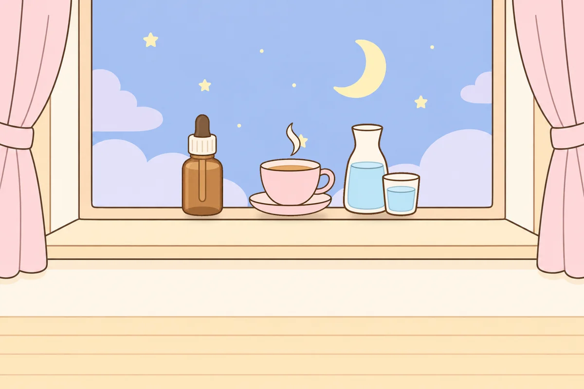 시흥 여성전용 방문 홈케어 안내 그림, 밤 창가 창턱 위의 오일병, 찻잔, 물병