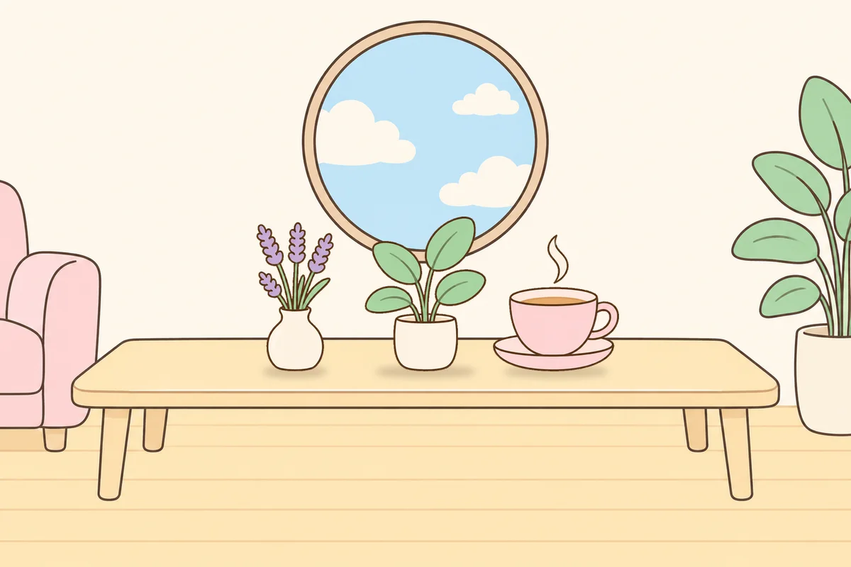시흥 여성전용 발 부종 케어 안내 그림, 거실 원목 테이블 위의 라벤더 꽃병, 화분, 찻잔