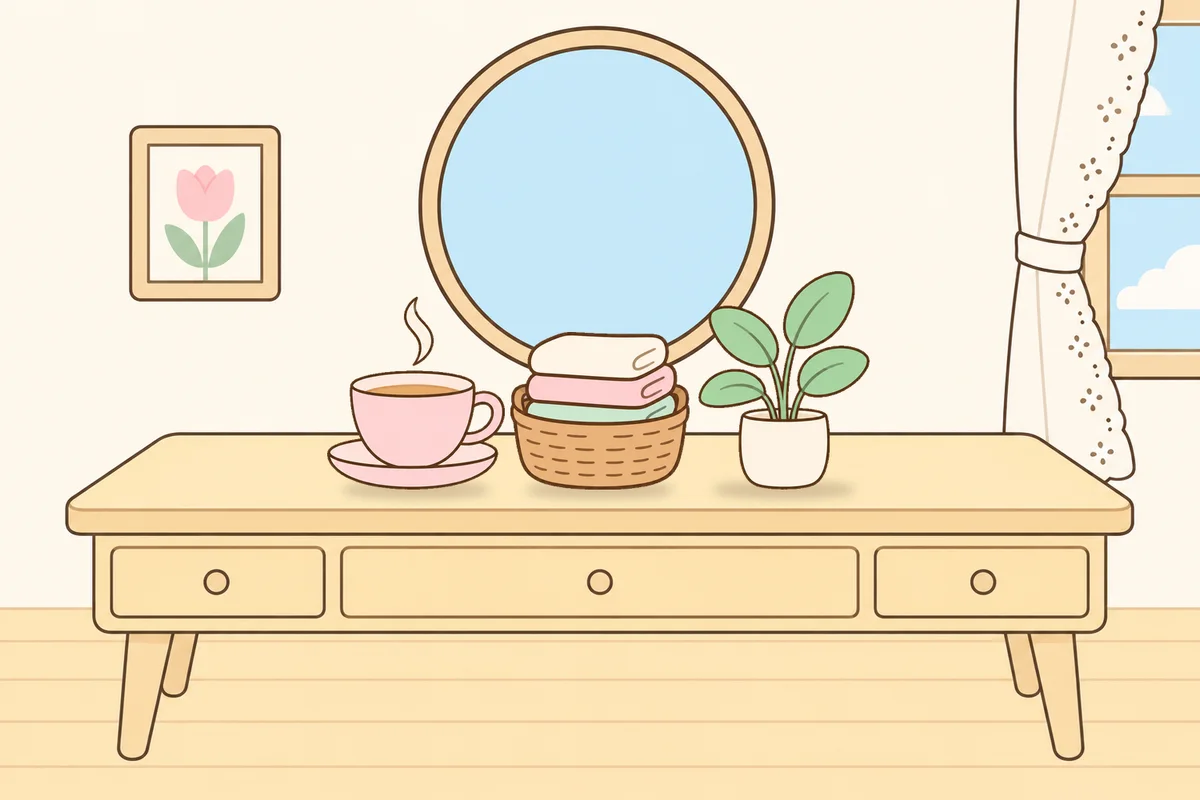 시흥 여성전용 슬리밍 마사지 안내 그림, 화장대 위의 찻잔, 수건 바구니, 화분