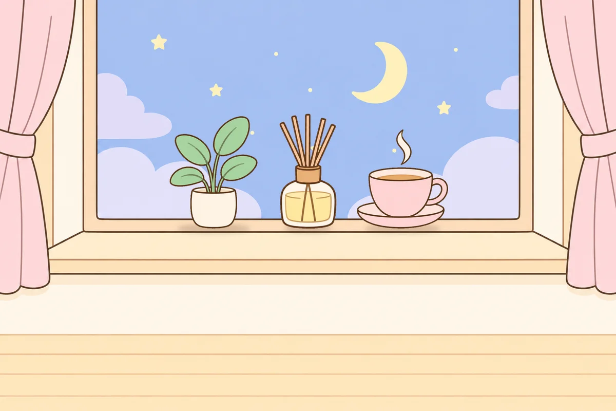 시흥 여성전용 다이어트 마사지 안내 그림, 밤 창가 창턱 위의 화분, 디퓨저, 찻잔