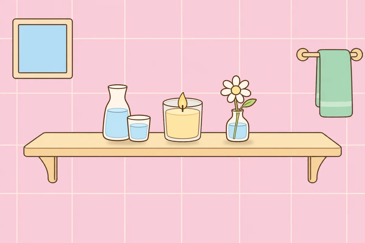시흥 여성전용 두피 케어 안내 그림, 파우더룸 선반 위의 물병, 향초, 데이지 꽃병