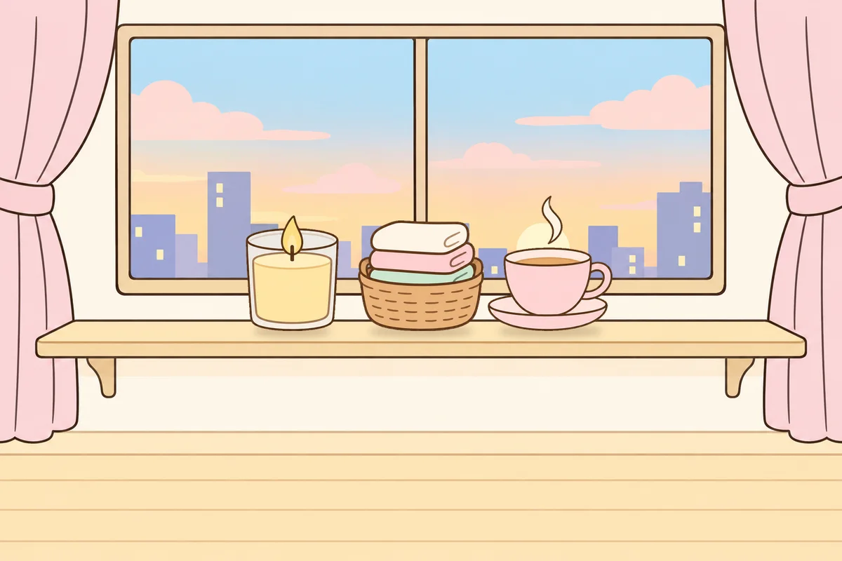 시흥 여성전용 어깨 마사지 안내 그림, 호텔 창가 선반 위의 향초, 수건 바구니, 찻잔