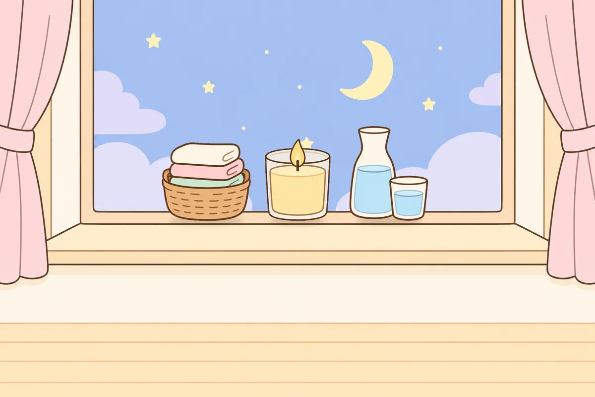 시흥 여성전용 림프 페이셜 안내 그림, 밤 창가 창턱 위의 수건 바구니, 향초, 물병