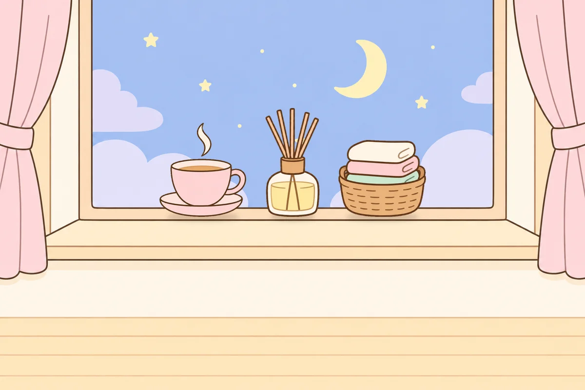 시흥 여성전용 마사지 예약 안내 그림, 밤 창가 창턱 위의 찻잔, 디퓨저, 수건 바구니