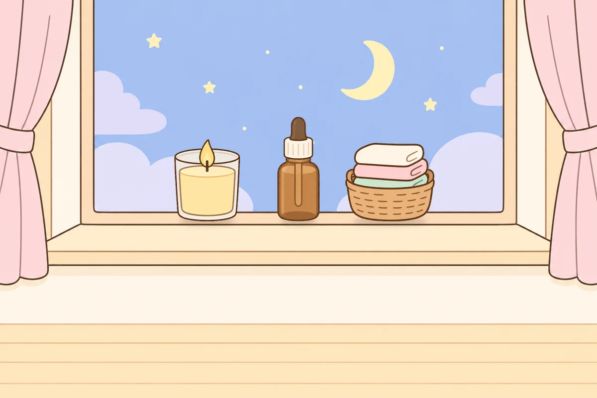 군포 여성전용 아로마 마사지 후기 안내 그림, 밤 창가 창턱 위의 향초, 오일병, 수건 바구니