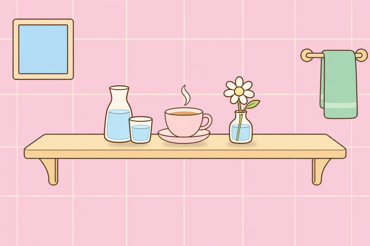 군포 여성전용 방문 홈케어 안내 그림, 파우더룸 선반 위의 물병, 찻잔, 데이지 꽃병