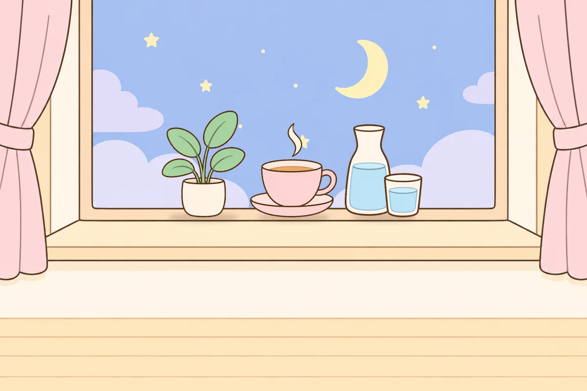 군포 여성전용 림프 마사지 안내 그림, 밤 창가 창턱 위의 화분, 찻잔, 물병