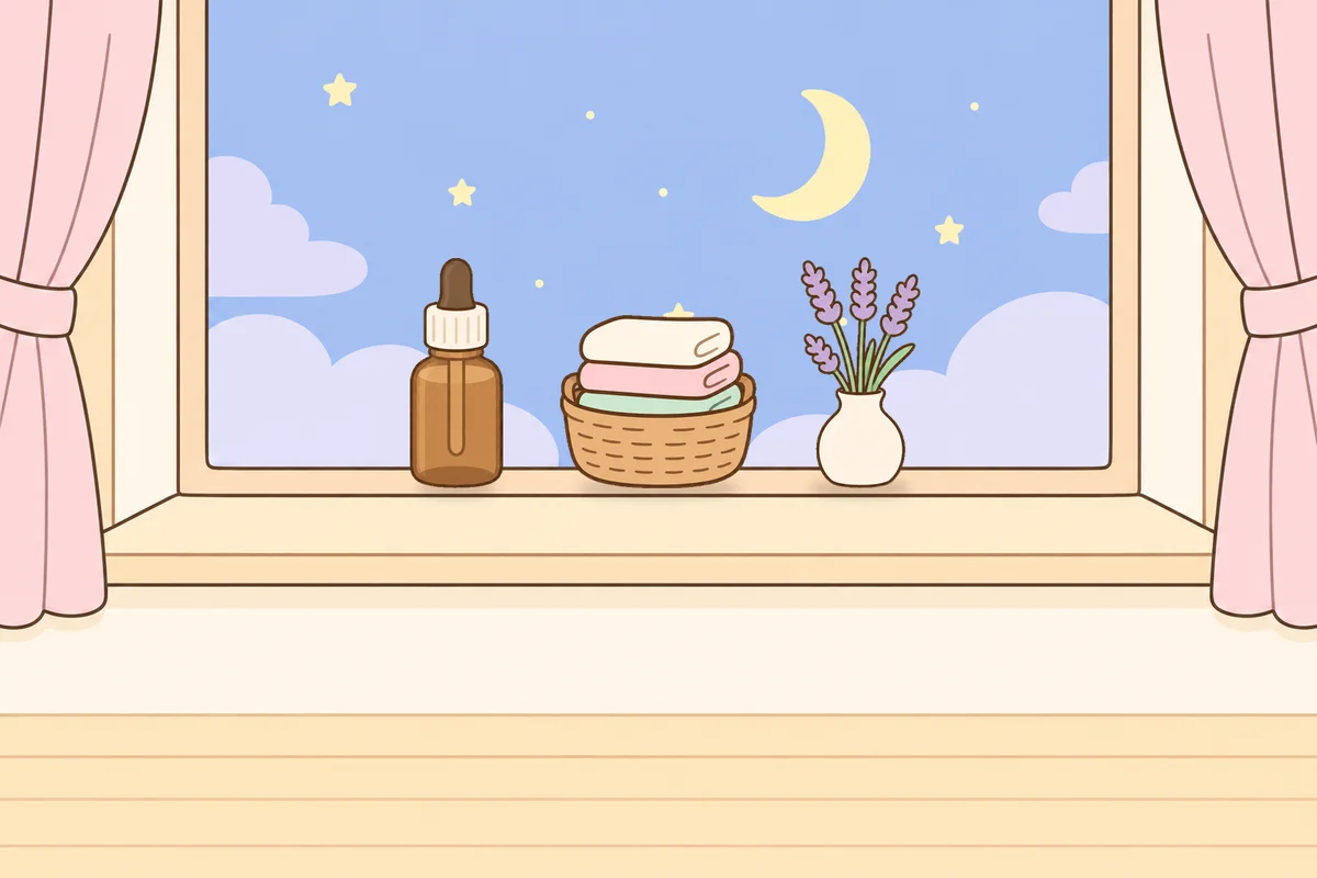 군포 여성전용 슬리밍 마사지 안내 그림, 밤 창가 창턱 위의 오일병, 수건 바구니, 라벤더 꽃병