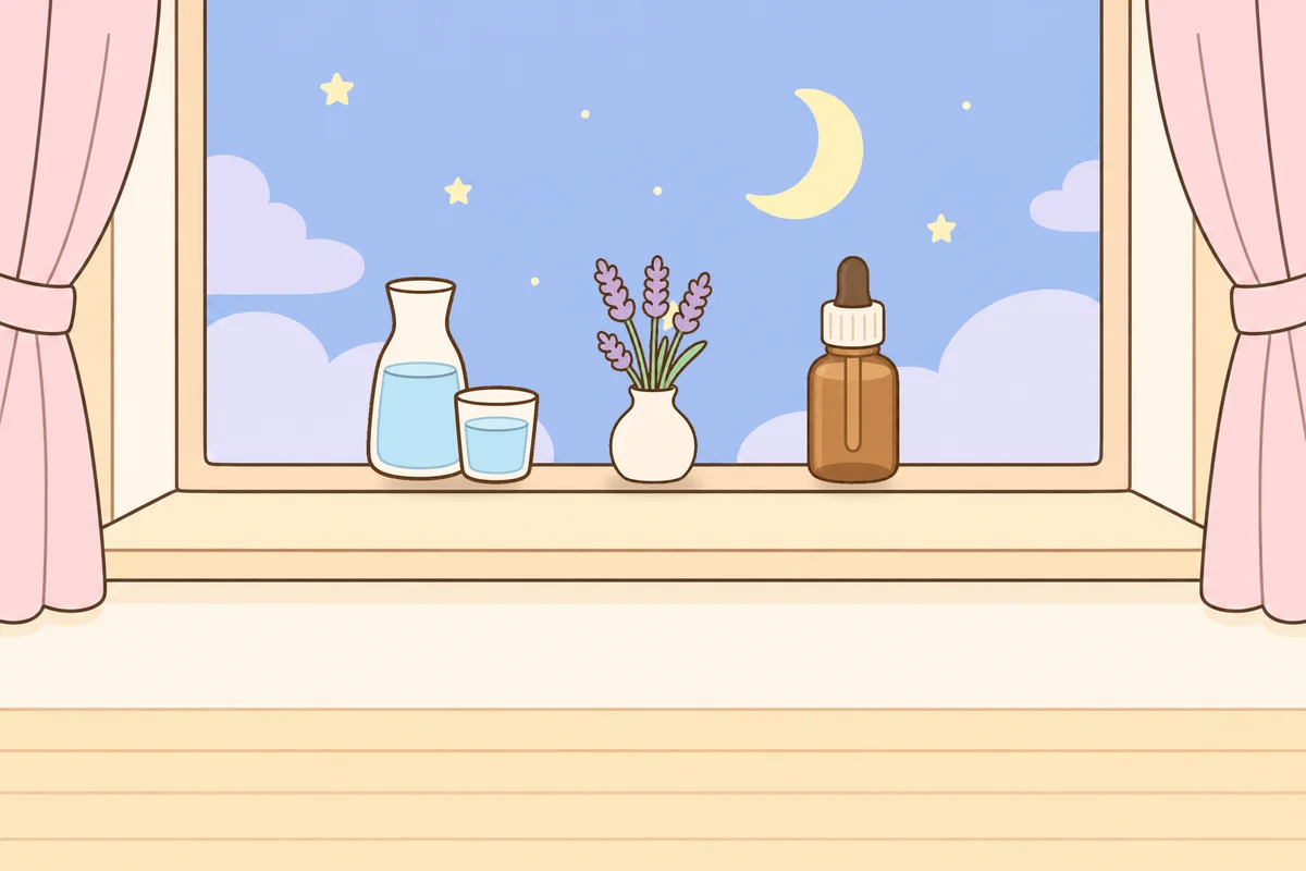 군포 여성전용 디톡스 마사지 안내 그림, 밤 창가 창턱 위의 물병, 라벤더 꽃병, 오일병