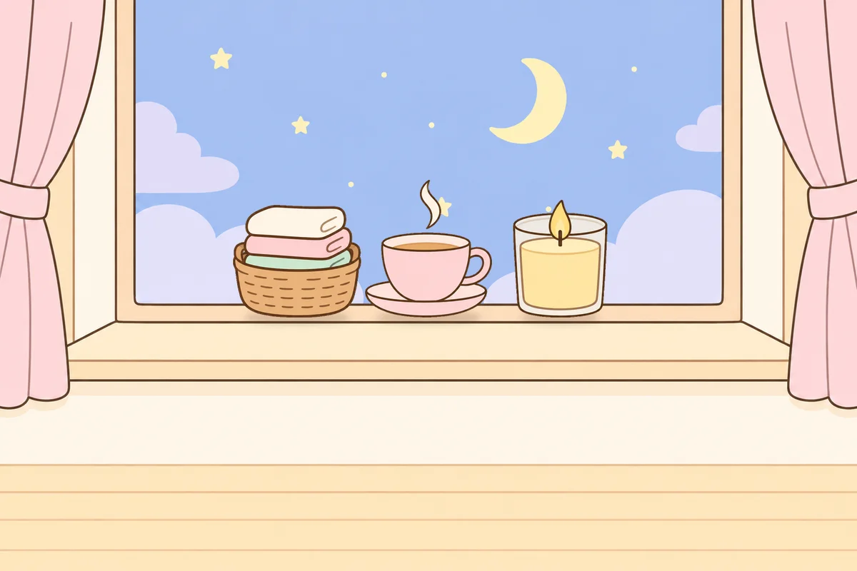 군포 여성전용 두피 마사지 안내 그림, 밤 창가 창턱 위의 수건 바구니, 찻잔, 향초