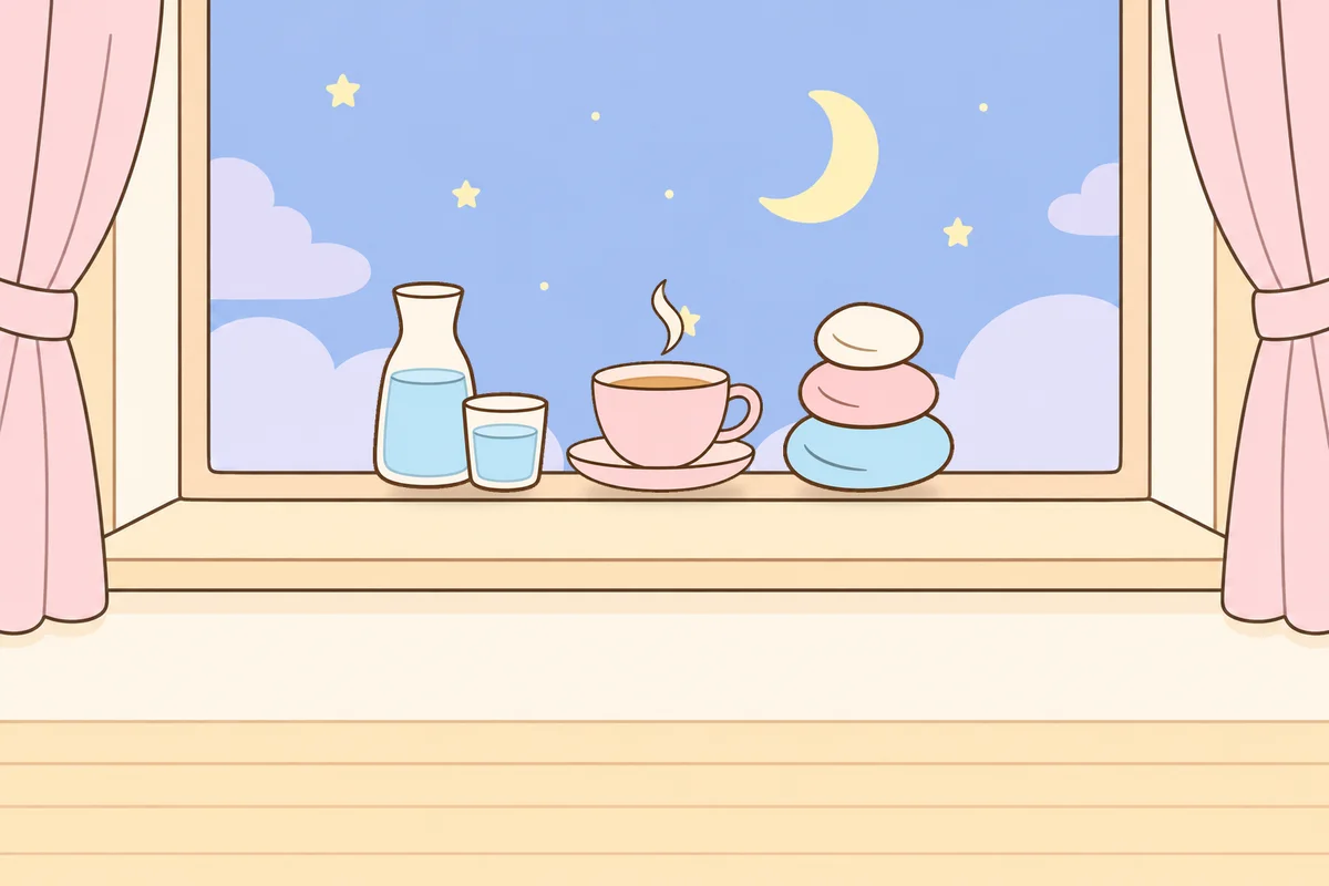 군포 여성전용 두피 케어 안내 그림, 밤 창가 창턱 위의 물병, 찻잔, 조약돌