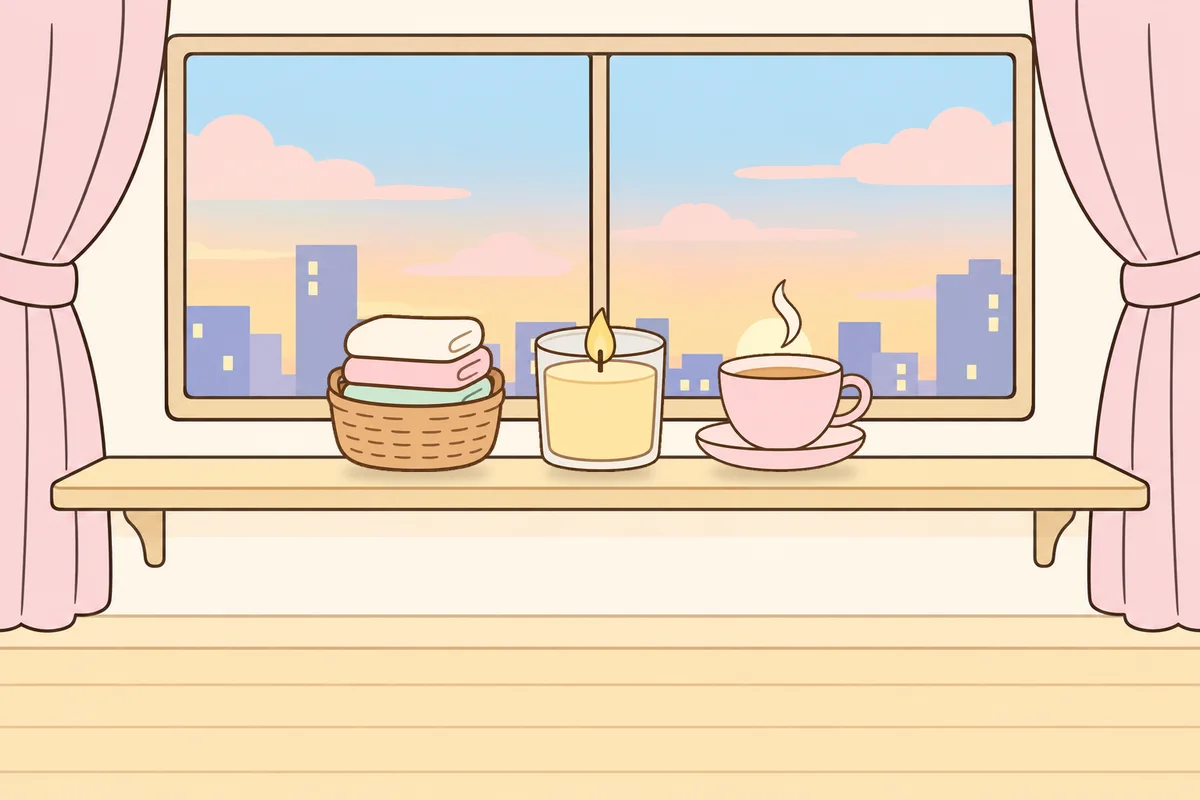군포 여성전용 어깨 마사지 안내 그림, 호텔 창가 선반 위의 수건 바구니, 향초, 찻잔