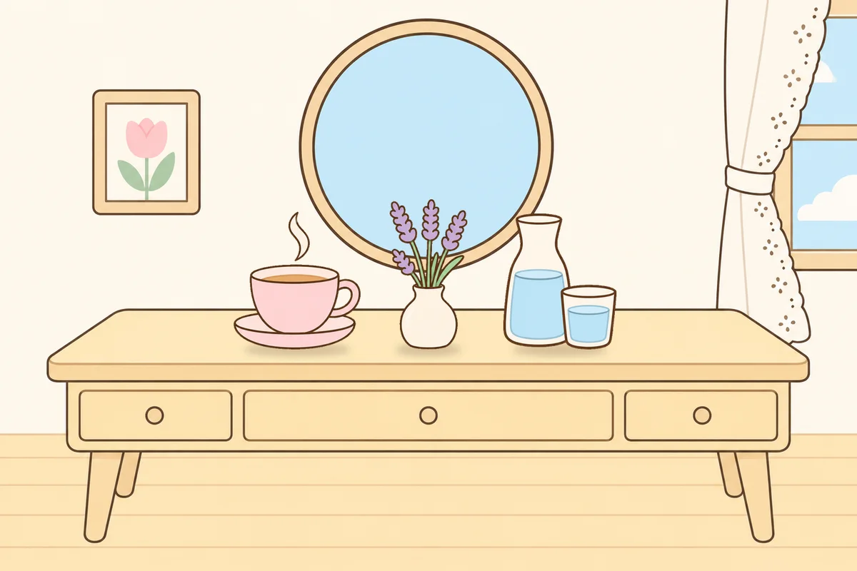 군포 여성전용 얼굴 마사지 안내 그림, 화장대 위의 찻잔, 라벤더 꽃병, 물병