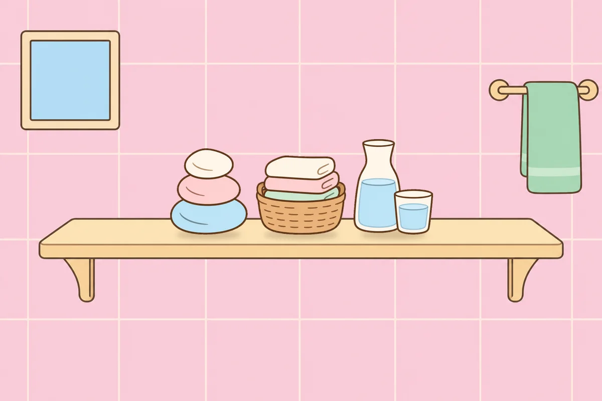 군포 여성전용 안티에이징 케어 안내 그림, 파우더룸 선반 위의 조약돌, 수건 바구니, 물병