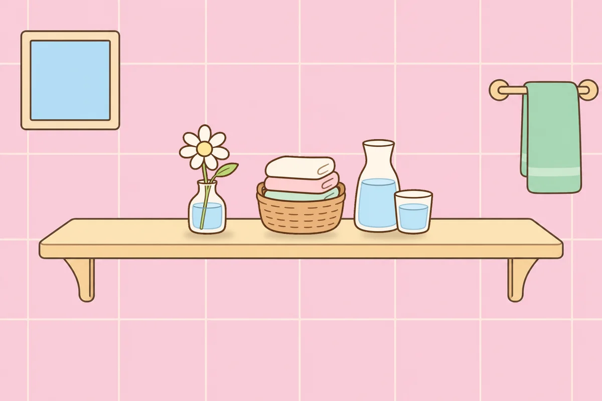군포 여성전용 피부 관리 안내 그림, 파우더룸 선반 위의 데이지 꽃병, 수건 바구니, 물병