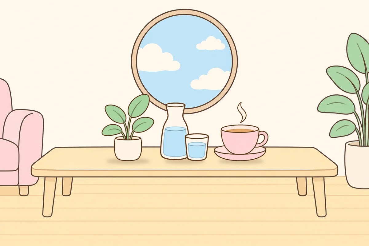 군포 여성전용 마사지샵 안내 그림, 거실 원목 테이블 위의 화분, 물병, 찻잔