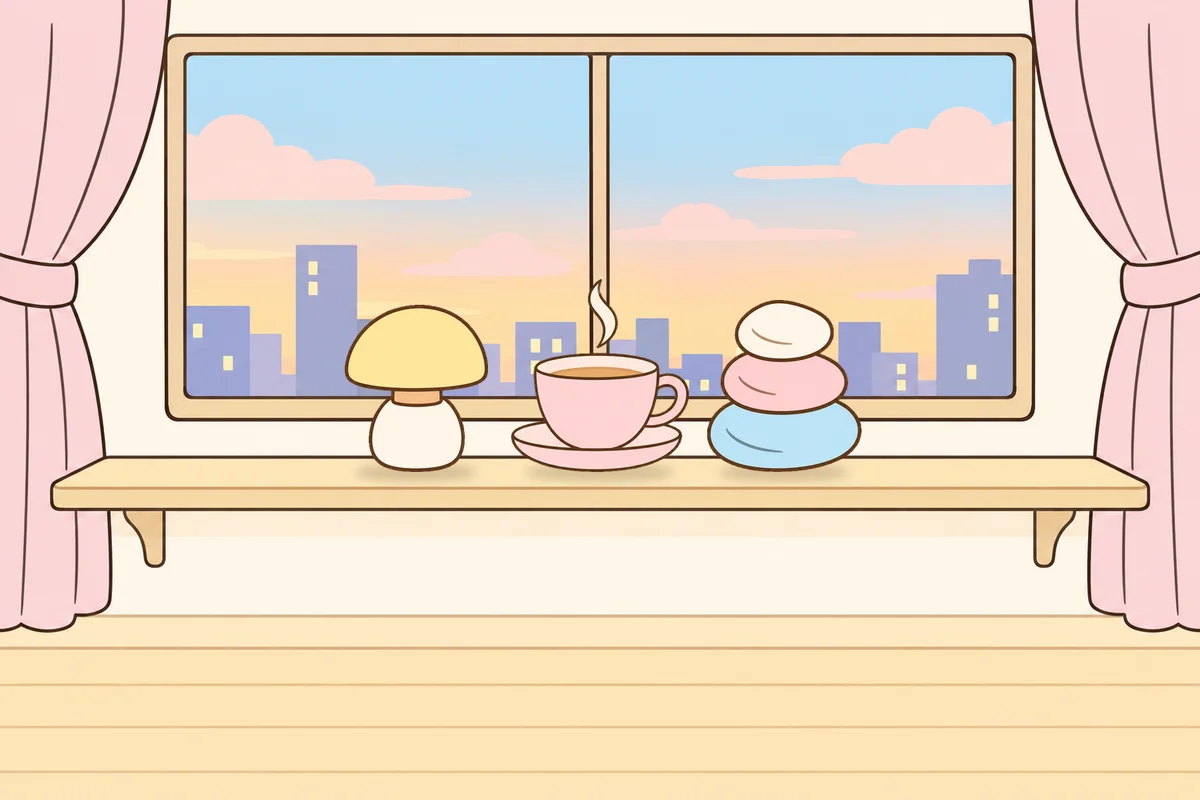 군포 여성전용 마사지 후기 안내 그림, 호텔 창가 선반 위의 무드등, 찻잔, 조약돌