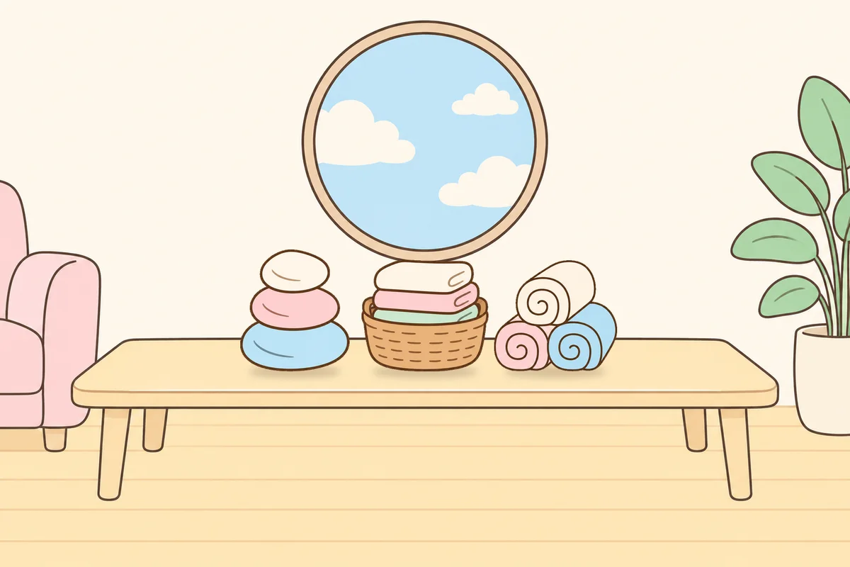 하남 여성전용 스웨디시 마사지 안내 그림, 거실 원목 테이블 위의 조약돌, 수건 바구니, 수건