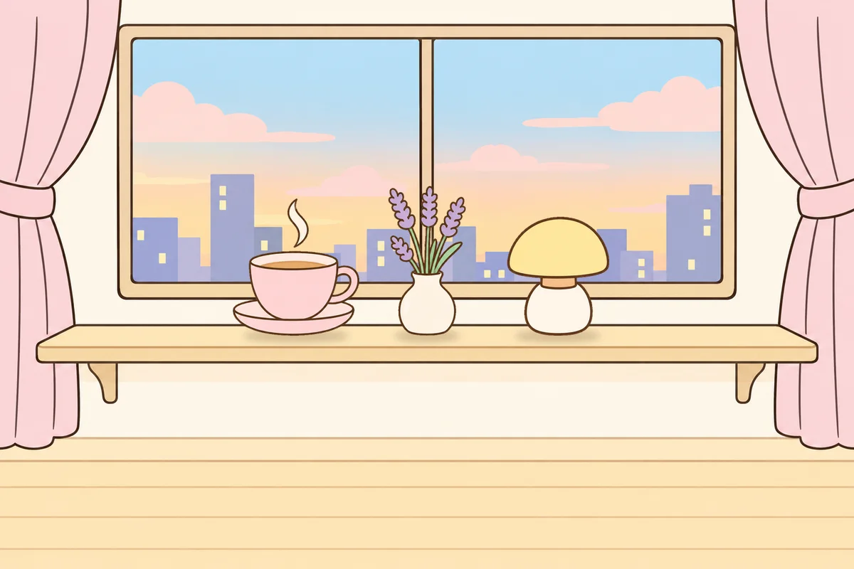 하남 여성전용 라벤더 아로마 안내 그림, 호텔 창가 선반 위의 찻잔, 라벤더 꽃병, 무드등