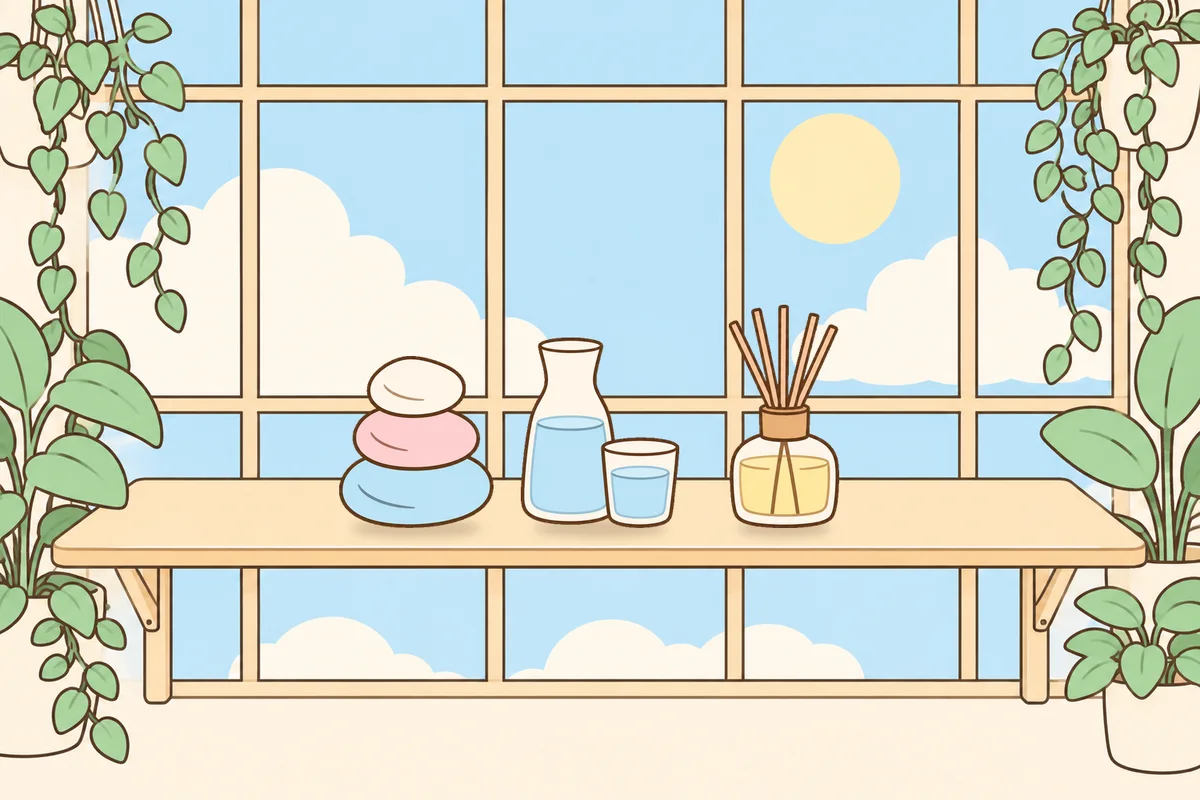 하남 여성전용 경락 케어 안내 그림, 햇살 드는 창가 선반 위의 조약돌, 물병, 디퓨저