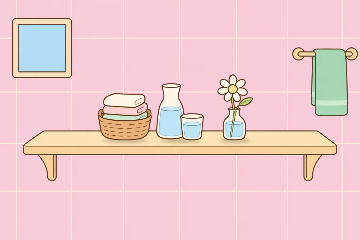 하남 여성전용 바디 경락 안내 그림, 파우더룸 선반 위의 수건 바구니, 물병, 데이지 꽃병