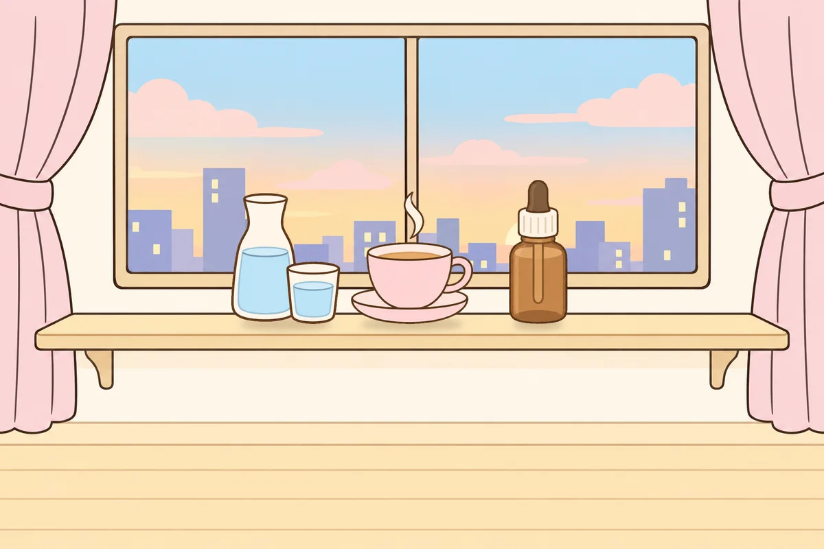 하남 여성전용 경락 추천 안내 그림, 호텔 창가 선반 위의 물병, 찻잔, 오일병