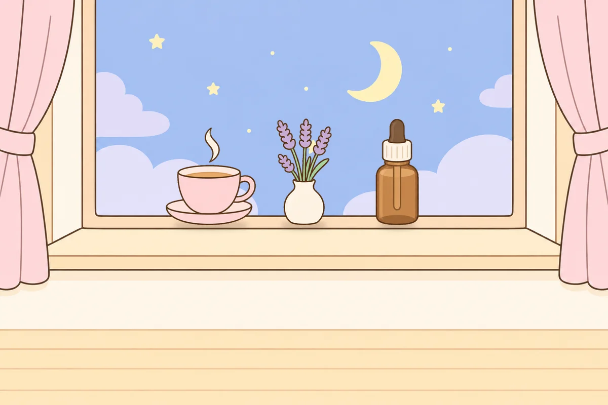 하남 여성전용 방문 마사지 안내 그림, 밤 창가 창턱 위의 찻잔, 라벤더 꽃병, 오일병