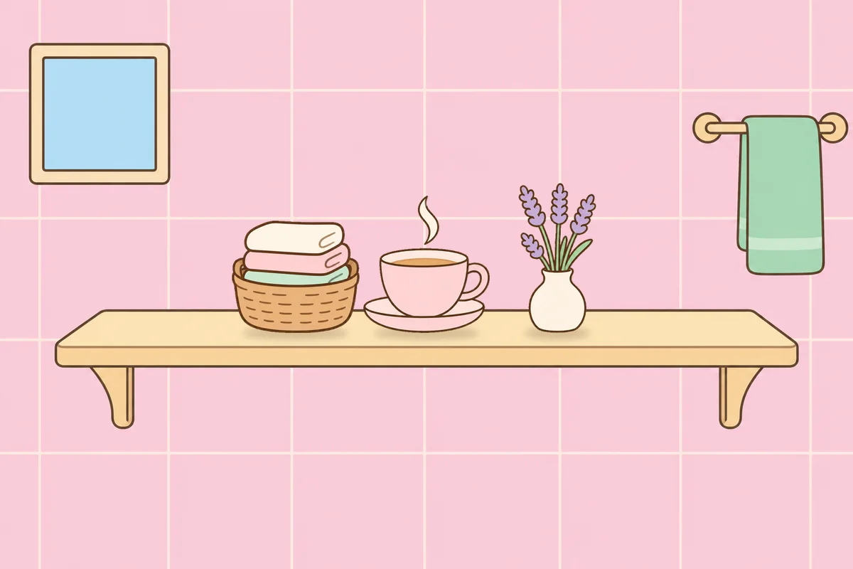 하남 여성전용 홈케어 서비스 안내 그림, 파우더룸 선반 위의 수건 바구니, 찻잔, 라벤더 꽃병