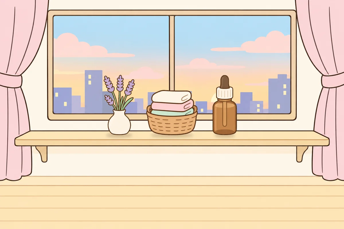 하남 여성전용 방문 홈케어 안내 그림, 호텔 창가 선반 위의 라벤더 꽃병, 수건 바구니, 오일병