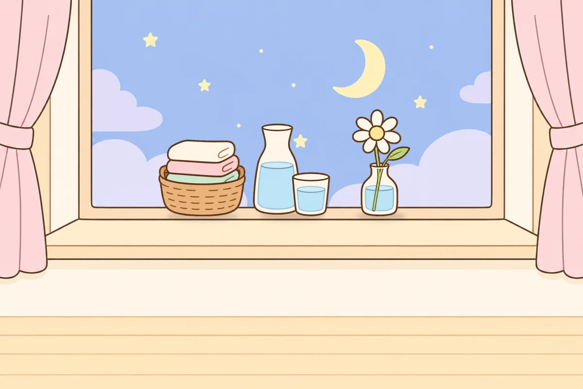 하남 여성전용 1인샵 안내 그림, 밤 창가 창턱 위의 수건 바구니, 물병, 데이지 꽃병