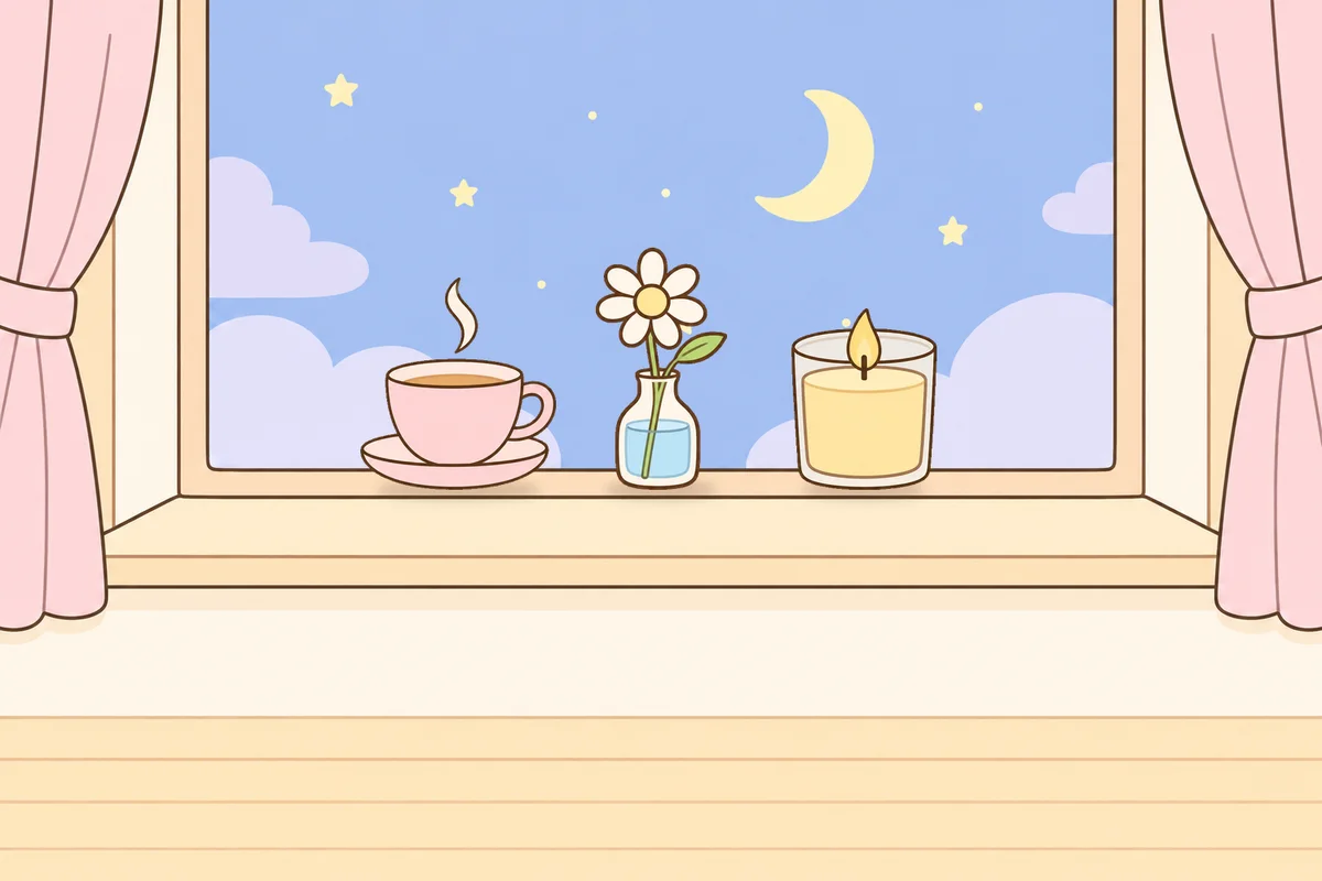 하남 여성전용 발관리 후기 안내 그림, 밤 창가 창턱 위의 찻잔, 데이지 꽃병, 향초