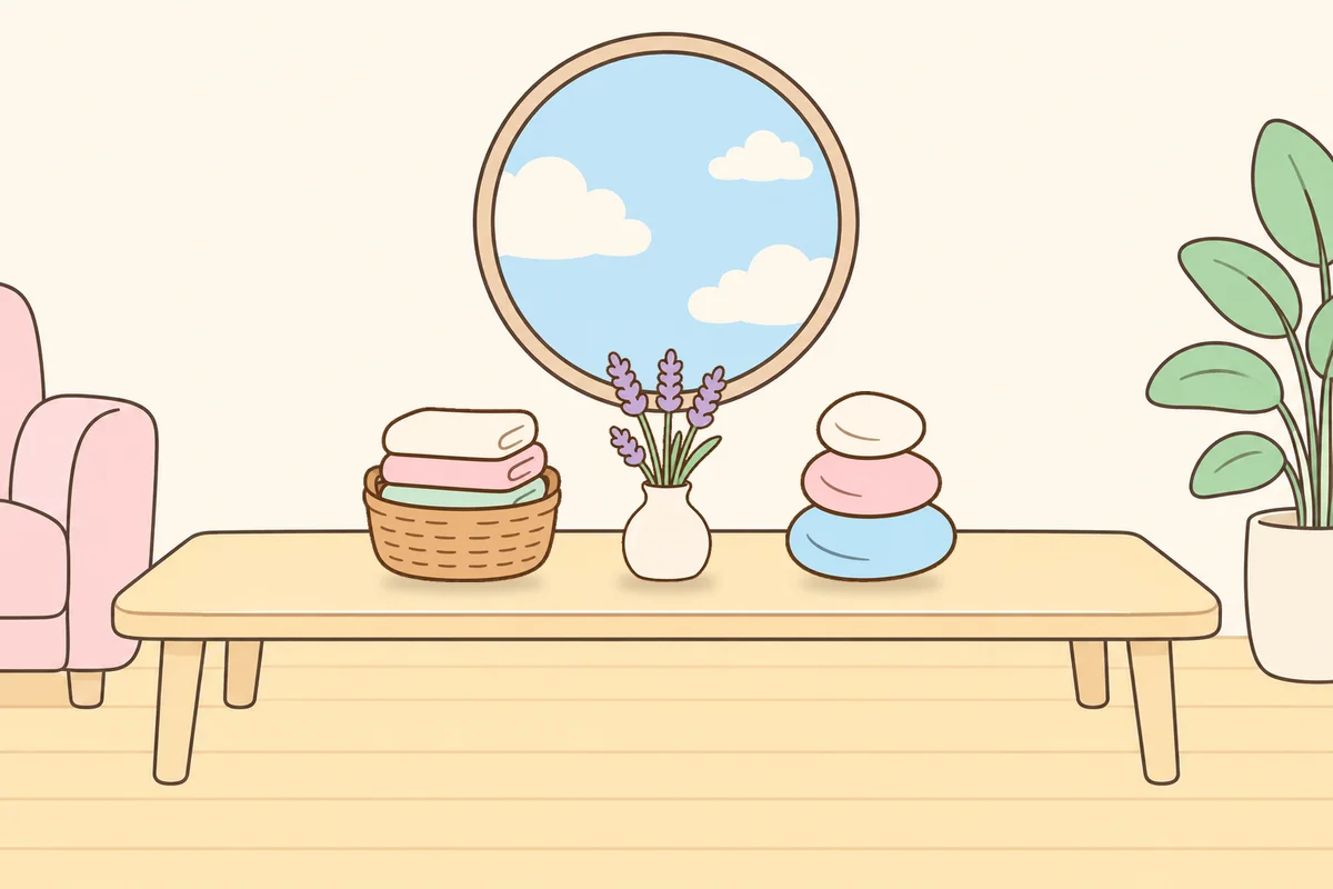 하남 여성전용 슬리밍 마사지 안내 그림, 거실 원목 테이블 위의 수건 바구니, 라벤더 꽃병, 조약돌