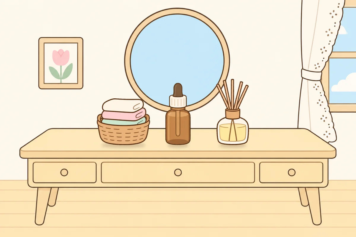 하남 여성전용 복부 마사지 안내 그림, 화장대 위의 수건 바구니, 오일병, 디퓨저