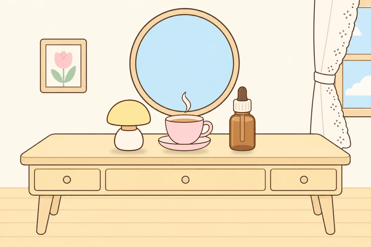 하남 여성전용 두피 케어 안내 그림, 화장대 위의 무드등, 찻잔, 오일병