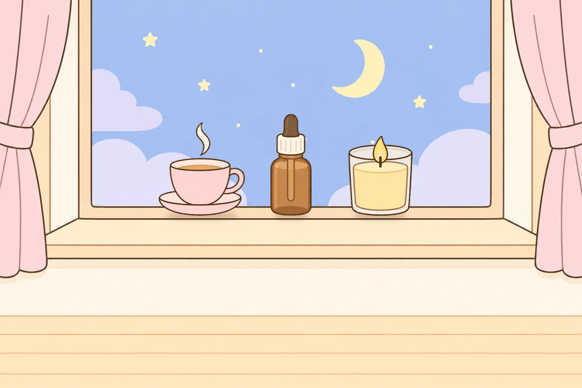하남 여성전용 두통 완화 마사지 안내 그림, 밤 창가 창턱 위의 찻잔, 오일병, 향초
