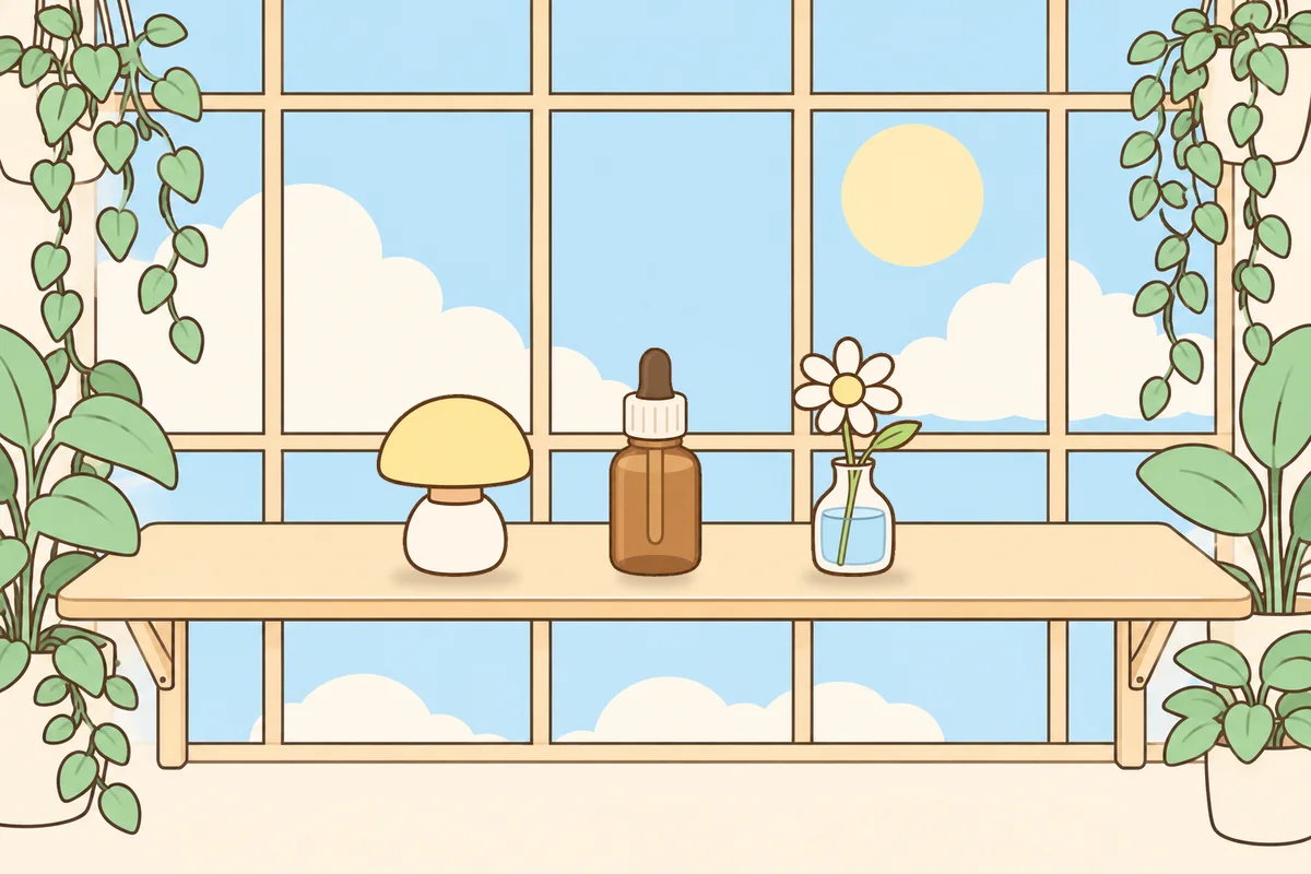 하남 여성전용 수면 케어 안내 그림, 햇살 드는 창가 선반 위의 무드등, 오일병, 데이지 꽃병