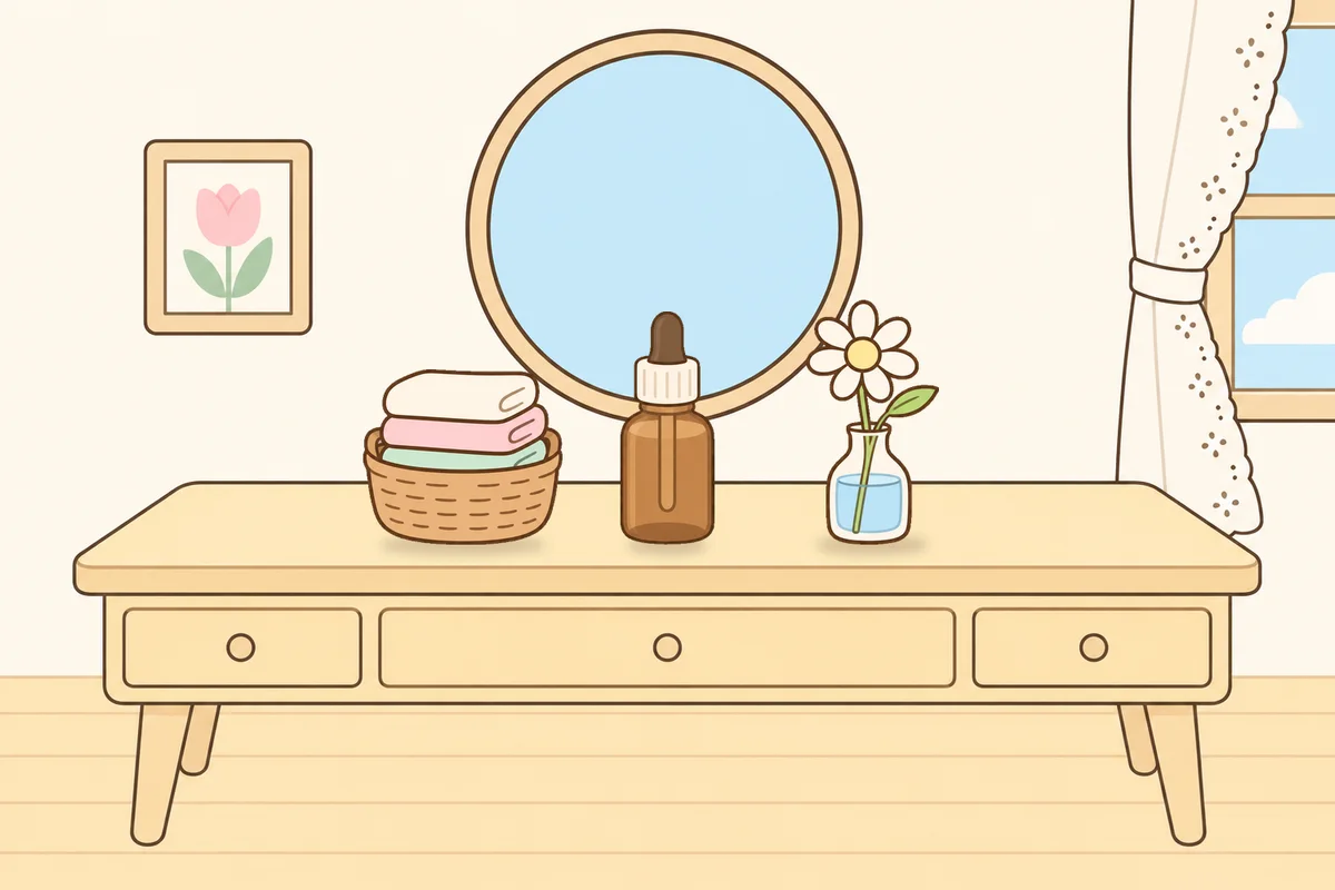 하남 여성전용 스트레스 케어 안내 그림, 화장대 위의 수건 바구니, 오일병, 데이지 꽃병