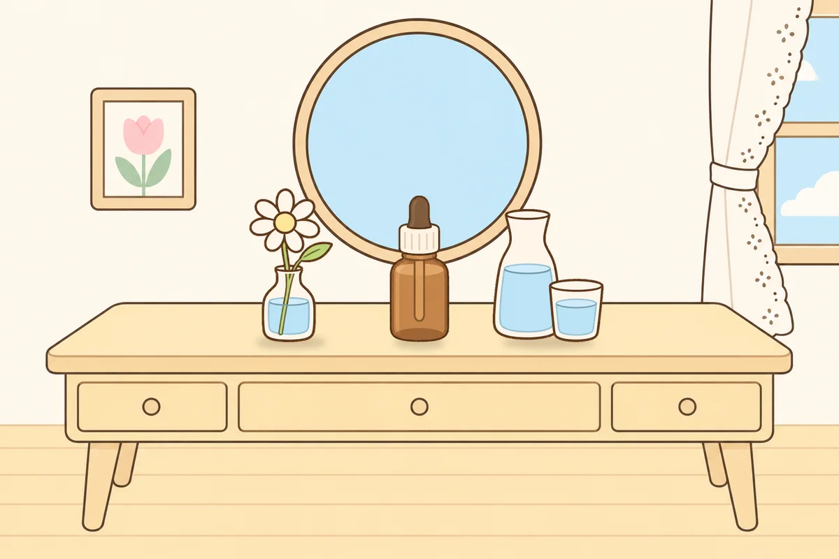 하남 여성전용 마사지 예약 안내 그림, 화장대 위의 데이지 꽃병, 오일병, 물병