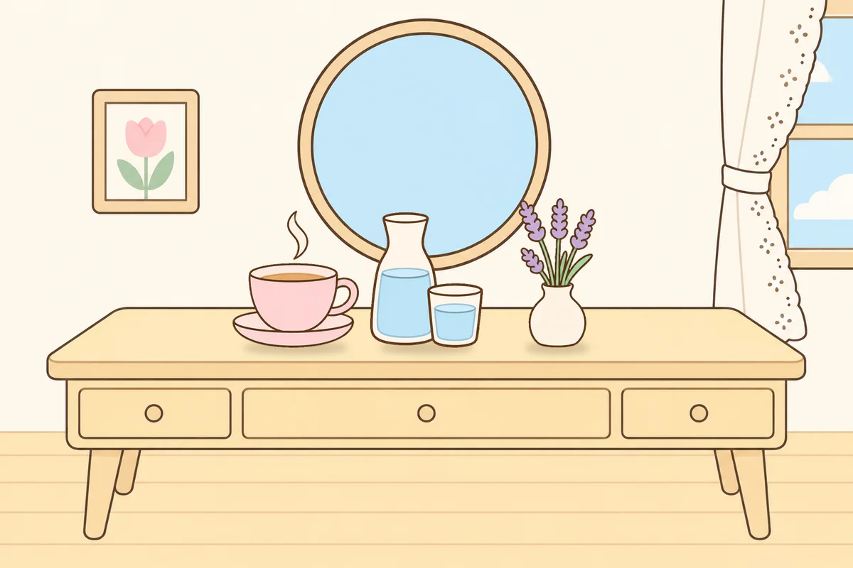 하남 여성전용 마사지 후기 안내 그림, 화장대 위의 찻잔, 물병, 라벤더 꽃병
