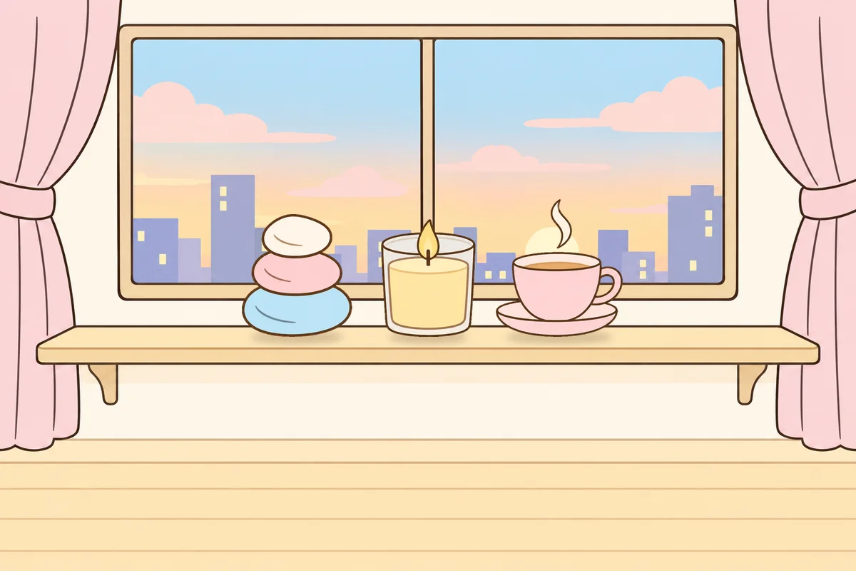 하남 여성전용 마사지 가격 안내 그림, 호텔 창가 선반 위의 조약돌, 향초, 찻잔