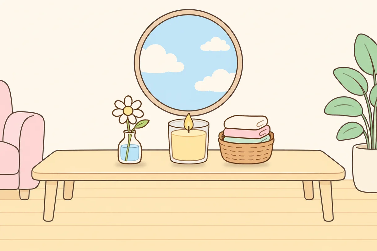 오산 여성전용 스웨디시 마사지 안내 그림, 거실 원목 테이블 위의 데이지 꽃병, 향초, 수건 바구니